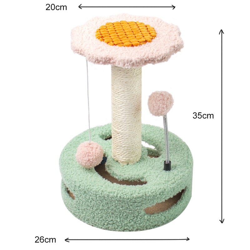 NNEDSZ Green-pink Interactive Cat Scratching Post with Playful Ball Toys, Flower Design - 35cm Height, 26cm Base