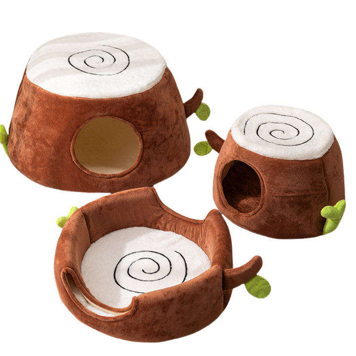NNEDSZ S Convertible Tree Stump Cat Bed - Foldable, Dual-Use, Four-Season Pet Nest with Double Doors