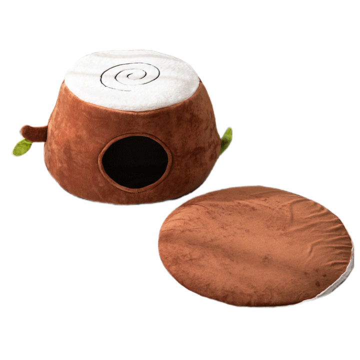 NNEDSZ S Convertible Tree Stump Cat Bed - Foldable, Dual-Use, Four-Season Pet Nest with Double Doors