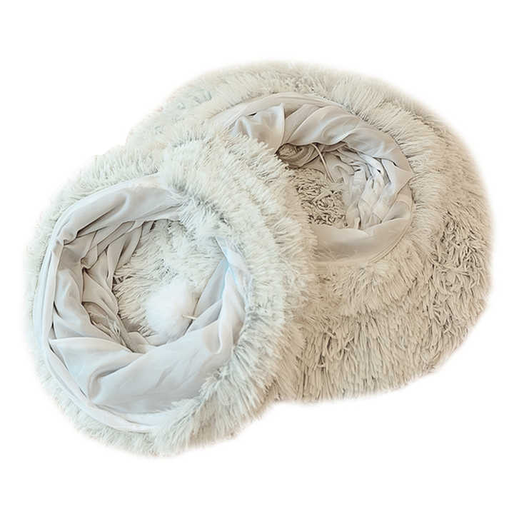 NNEDSZ Grey Luxury Plush Cat Bed with Hidden Tunnel - Soft Round Pet Bed for Cats and Small Dogs