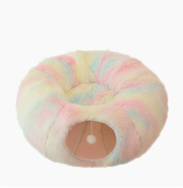 NNEDSZ Rainbow Luxury Plush Cat Bed with Hidden Tunnel - Soft Round Pet Bed for Cats and Small Dogs