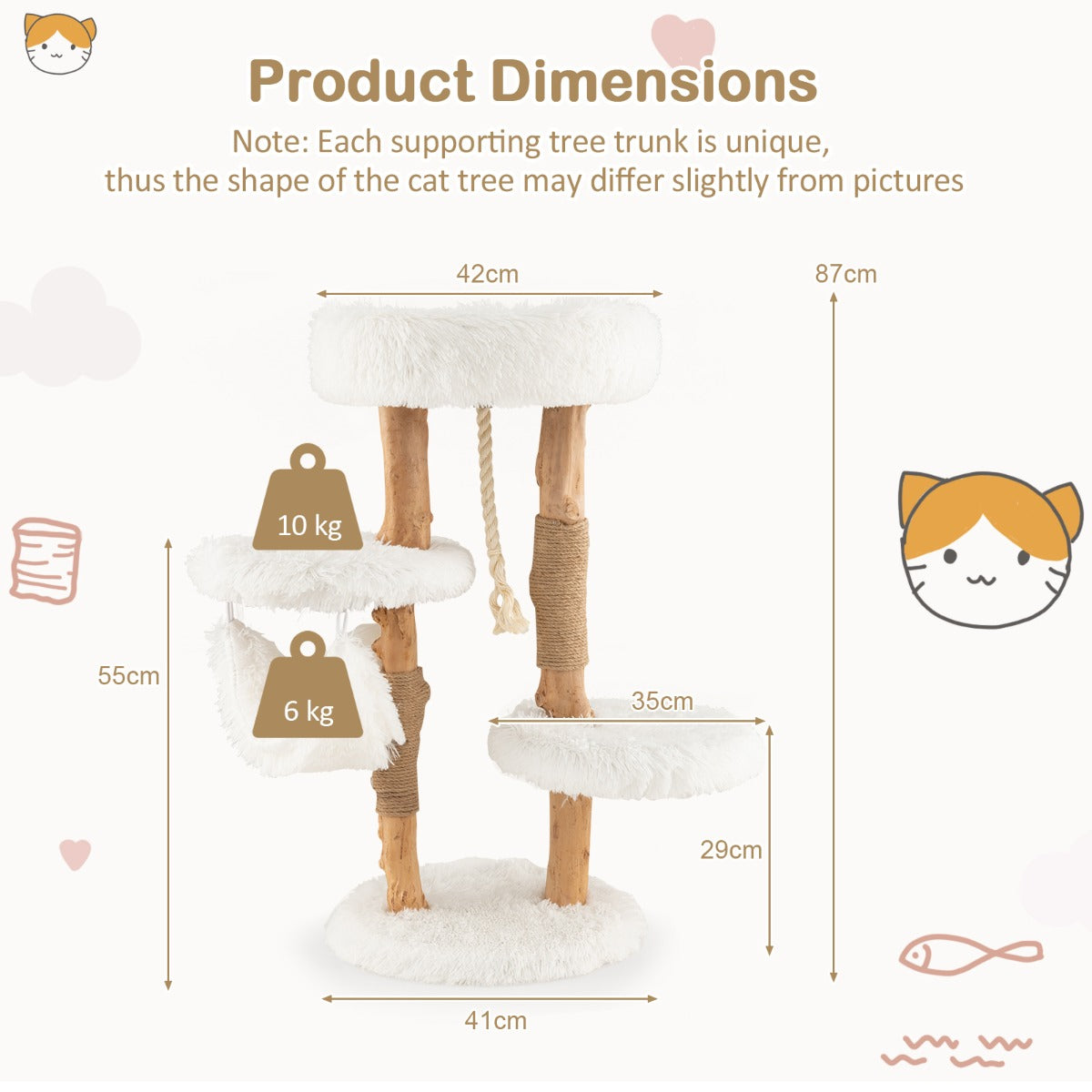 NNECW 87 CM Tall Wooden Cat Tree with Jute Scratching Posts for Pet