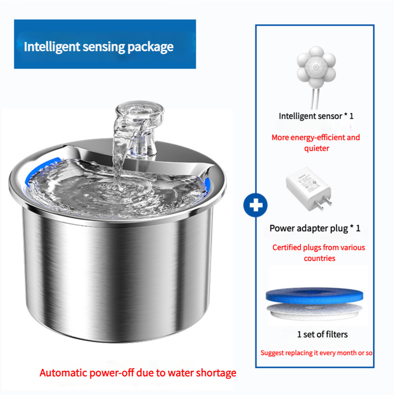 NNEDSZ Intelligent Stainless Steel Pet Water Fountain with Smart Sensor, USB Plug, and Auto Power-Off Function