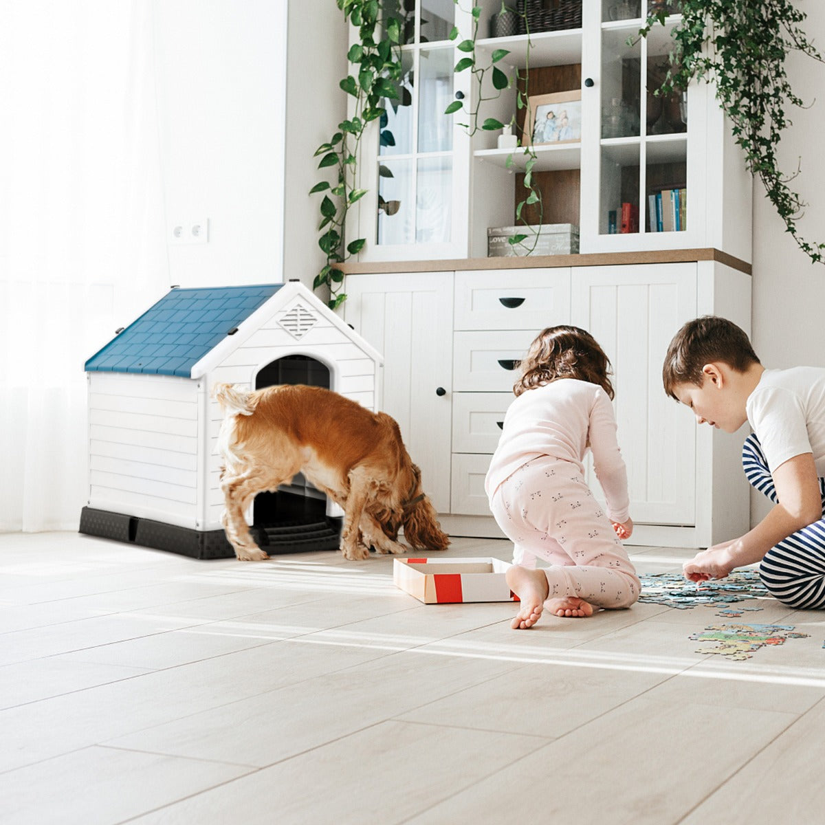NNECW Dog House with Raised Floor and Fastening Device-77x85x83cm